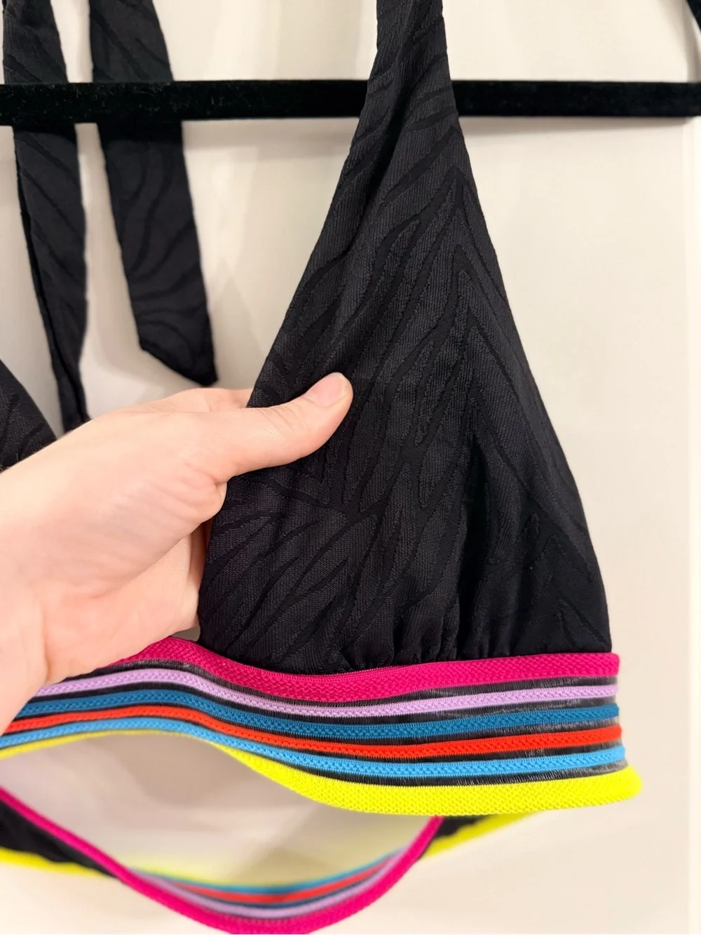 Trina Turk Black Top with Neon Pink and Multi-Color Stripe Trim